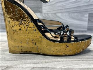 Yves Saint Laurent Black Patent Leather Gold Wedges, Size 42 (US 11)